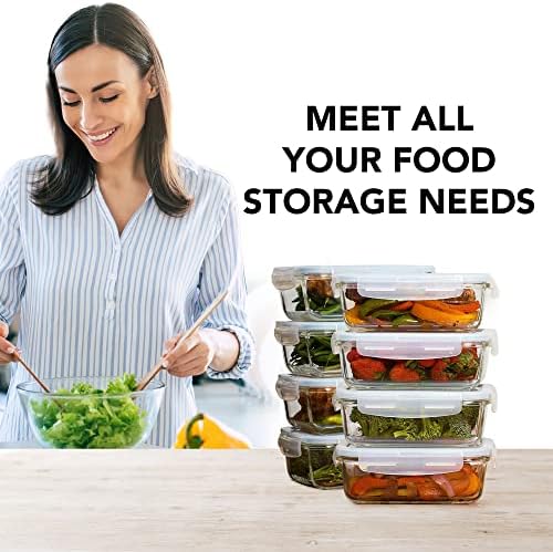 16 Pc (Set of 8) 30 Oz Glass Meal Prep Containers with Lids, Airtight Large Glass Food Storage Containers, Reusable Leak Proof BPA Free, Freezer to Oven and Dishwasher Safe