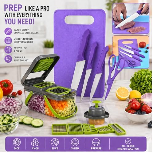 22-Piece Vegetable Chopper Set with Container, Mandoline Slicer, Onion Dicer, Cutting Boards, Knife Set, Scissors and Drain Basket - Image 2