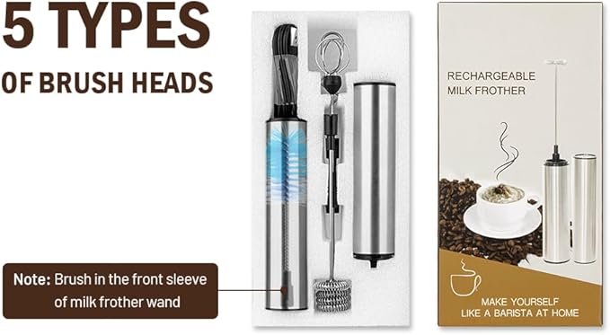 Milk Frother Wand for Coffee, Coffee Foamer Drink Mixer,Handheld Frother Rechargeable Electric Whisk with 5 Heads 2 Speeds for Latte, Cappuccino, Hot Chocolate, Egg(Home and Travel Set Silvery)