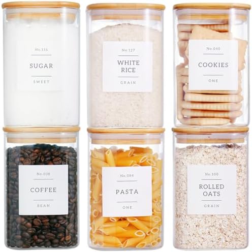 6 Pack Square Kitchen Storage Jars with Airtight Bamboo Lids and 132 Pantry Labels - 35oz Glass Canisters With Wood Lids - Food Storage Containers for Coffee, Cookie, Tea, Spice