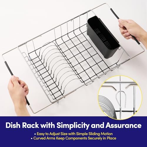 Dish Drying Rack Over The Sink Expandable to 24.5" Dish Drainer — Space-Saving Rectangular Kitchen Extending Drying Station with Utensil Holder, Fits Most Sinks for Easy Dish Organization, Black