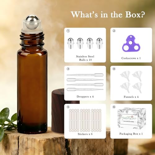 PrettyCare 24 Pack, 10 ml Essential Oil Roller Bottles with Stainless Steel Roller Ball - Refillable Leak-proof Empty Thick Amber Glass Roll on Bottles with Wooden Caps for Travel, Perfume - Image 2