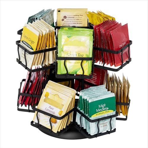 Tea Bag Organizer - Spinning Carousel Holder With 12 Compartments, Up to 140 Tea Bags Storage, Black Powder Coated Stainless Steel
