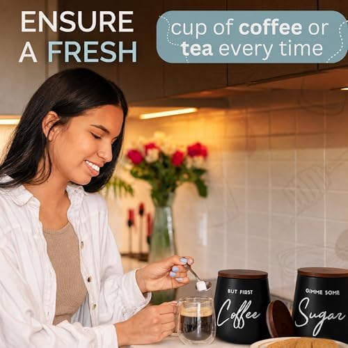 Modern Coffee Tea Sugar Container Set, 3pc Ceramic Storage Jar, Matte Black