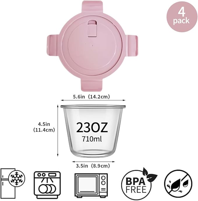 3 Cup Round Glass Food Containers With Airtight Lids, BPA-Free 23oz Round Glass Soup Storage Container Set,Food bowls for Leftover, Microwave, Dishwasher, Fridge and Freezer Safe