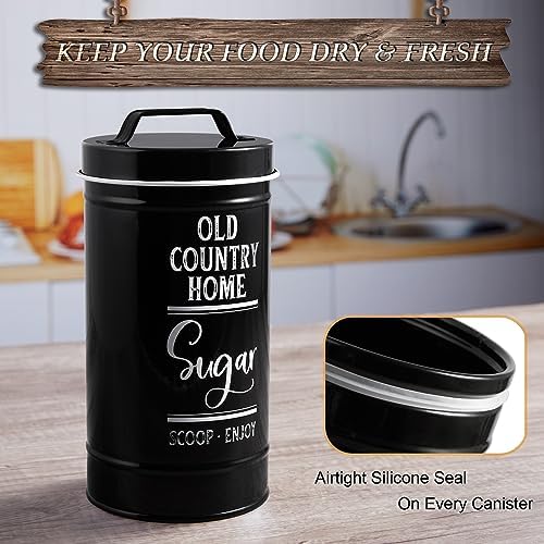 Black Canisters Sets for the Kitchen, Airtight Kitchen Canisters for Countertop, Flour and Sugar Containers, Tea Coffee Sugar Canister Set, Black Kitchen Decor and Accessories, Set of 4