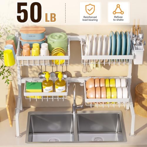 4 Baskets 2-Tier Over The Sink Dish Drying Rack, 26.57"-35" White
