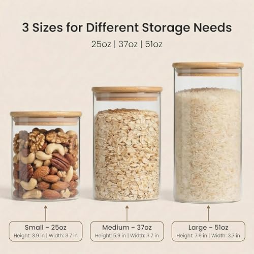 Airtight Glass Storage Containers with Lids Set of 6, 25 /37 /50oz Square Glass Jars with Bamboo Lids, Kitchen Canister Set for Pantry Organization Food Storage for Flour Sugar Rice Pasta Cereal