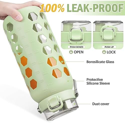 64oz Glass Water Bottle with Straw and Lid, Green