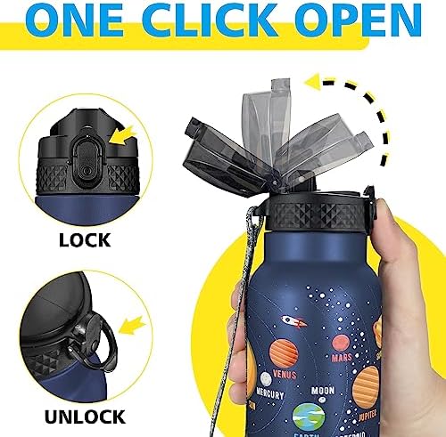 Kids Water Bottle with Straw Lid - Insulated Stainless Steel Reusable Tumbler for Girls,Boys,Thermo Mug,17oz,Space Planet