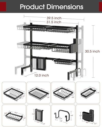 Over The Sink Dish Drying Rack - Adjustable 3 Tier XX-Large Capacity Stainless Steel Drainer with Cutlery & Utensil Holders, Kitchen Storage & Organization, 31.5"-39.5"L x 12"W x 30.5"H, Black