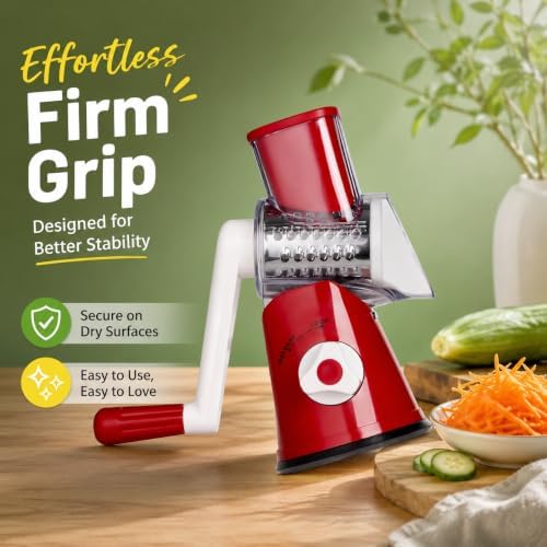 Rotary Cheese Grater Hand Crank, Cheese Shredder with Interchangeable Stainless Steel Blades, Vegetable Slicer with Strong Suction Base, Food Grater for Cheese, Potato, Carrot