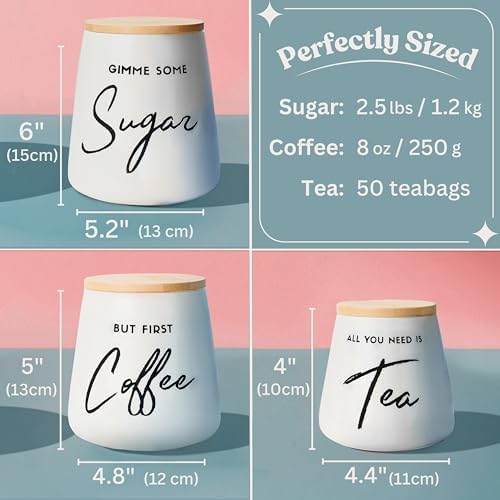 Modern Coffee Tea Sugar Container Set, 3 Ceramic Storage Jars, Off-White