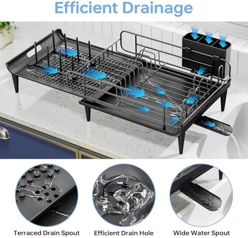 Large Expandable Dish Drying Rack for Kitchen Counter, Black