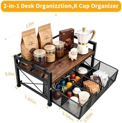 Tea Bag Coffee Bar Organizer,Teabag Holder & Coffee Station with Storage Drawer,Wood Tea Station Chest Display Container Box for Countertop Kitchen (Rustic Brown)