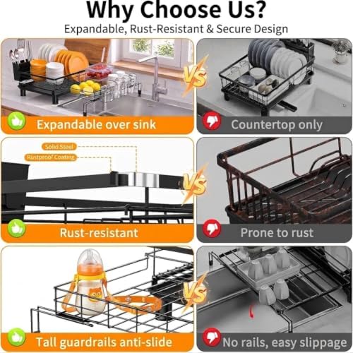 Expandable Dish Drying Rack for Kitchen Counter, 1-Tier, Heavy Duty Carbon Steel Over Sink Dish Drainer, Rust-Resistant Adjustable Dish Rack with Utensil Holder, Large Capacity, Black