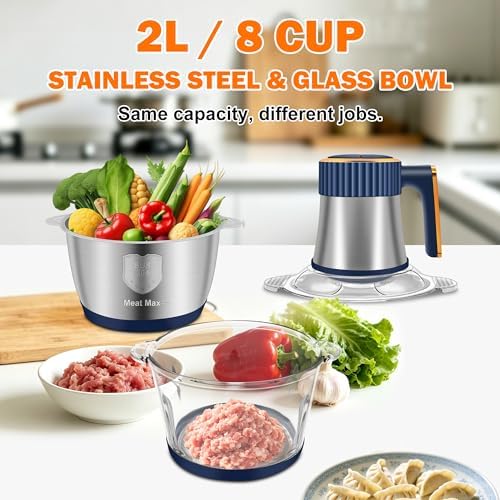 Food Processor, 5 Speed Meat Grinder with 2 Bowls(8 Cup+8 Cup), Blue - Image 2