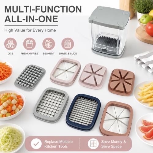7-in-1 French Fry Cutter, Manual Vegetable Chopper with Storage Container and 4 Blades, Multi Functional Potato Onion Dicer Slicer for Kitchen