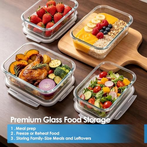 4 Pack 63oz/8 Cups Large Glass Food Storage Containers with Lids, White