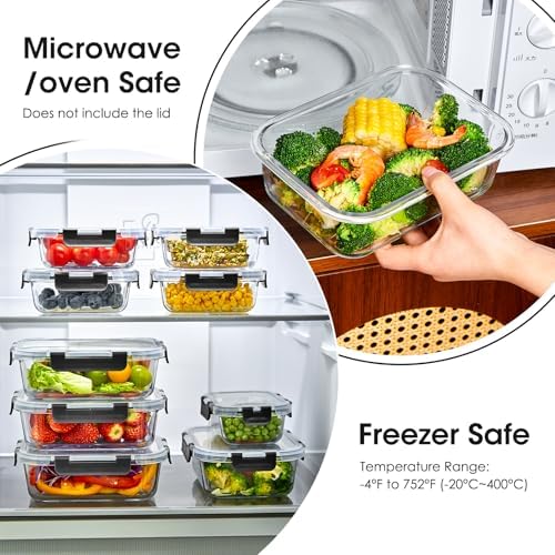 10 Pack Glass Food Storage Containers with Lids, Meal Prep Containers, Airtight Bento Boxes with Leak Proof Locking for Microwave, Oven, Freezer and Dishwasher, BPA Free