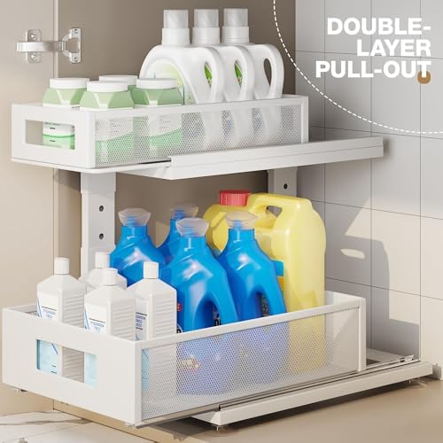 2 Pack Under Sink Organizer With Next-Gen Ball-Bearing Slides,2-Tier Pull Out Cabinet Storage,Height Adjustable Drawer Shelf for Bathroom,Kitchen,Laundry,Cabinet,Pantry(Patent Pending)