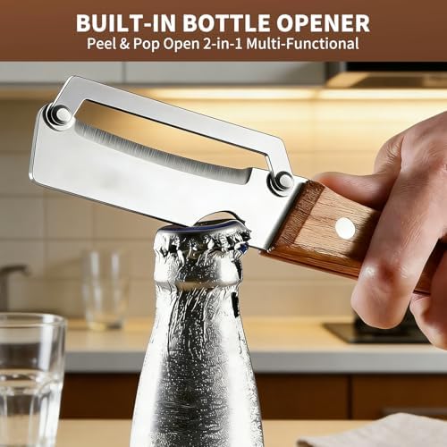 2 Pack Multifunctional Vegetable Peeler,Stainless Steel Peeler with Wooden Handle& Bottle Opener, 2 in 1 Vegetable Peeler for Kitchen, Zero Snag Wooden Kitchen Tool for Potato, Apple)