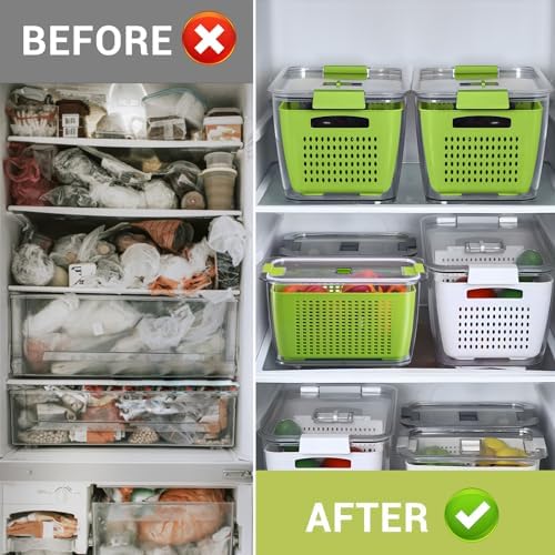 Fresh Container, 3PACK Produce Saver Container BPA Free Fridge Organizer for Vegetable Fruit and Salad Partitioned Food Storage Container with Vents Stay Fresh Containers Not Dishwashers Safe