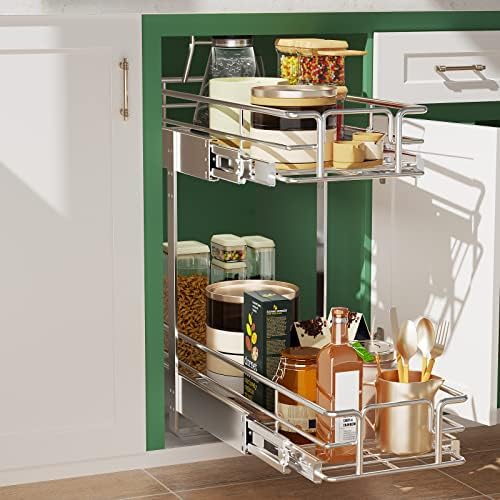 2 Tier Individual Pull Out Cabinet Organizer 9" W x 21½" D, Slide Out Kitchen Cabinet Storage Sliding Shelves