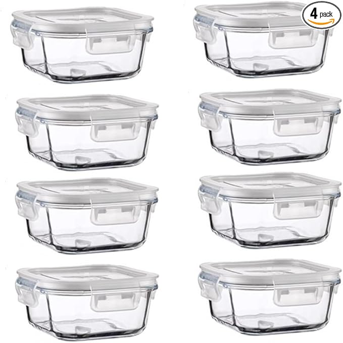 16oz Square Glass Food Storage Containers With Lids, 2 Cup Square Glass Food Containers With Lids, BPA free Small Meal Prep Bowls for leftovers, Dishwasher, Freezer Safe (8Pack)