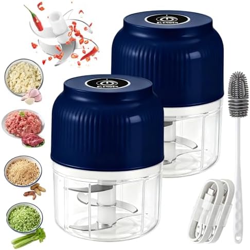 Electric Garlic Chopper, 320ML Mini Portable Veggie Chopper with 6 Sharp Blades, Rechargeable Electric Food Chopper Tool, Wireless Veggie Grinder, for Onions Ginger Chili Nuts Meat (Blue*2) by DDRIC