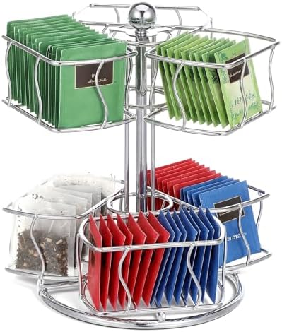 Tea Bag Organizer, 360 Degree 2 Tier Tea Bag Spining Carousel Organizer with 6 Compartments for Countertop Kitchen Cabinet, Holds Up to 60 Bags