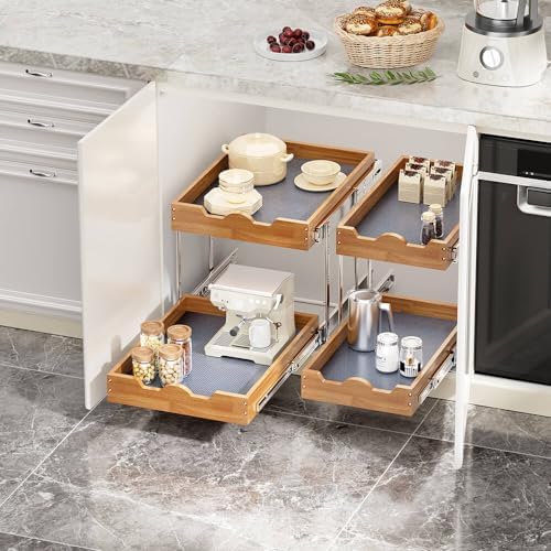 2 Tier Pull Out Cabinet Organizer (17"W x 21"D), Double Tier Slide out Wood Drawer Shelf, Pull Out Shelves for Base Cabinet Organization in Kitchen, Pantry, Bathroom