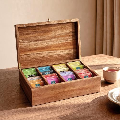 Acacia Wood Tea Bag Organizers, Tea Packet Storage Boxes, 8-Compartment Tea Caddy for Tea Bags Chest, Teabag Holder Containers, Teabox Station Display
