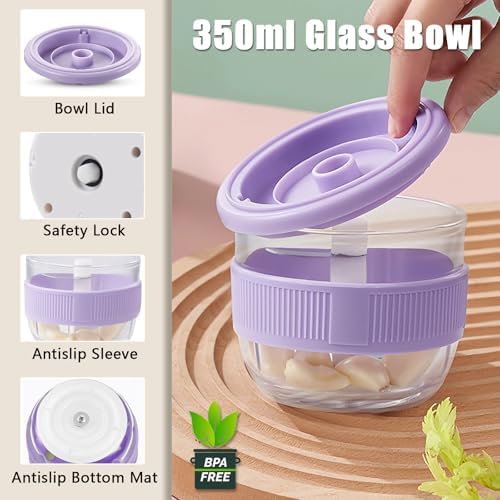 Cordless Glass Food Processor, 350ml Battery Mini Garlic Chopper (Purple) - Image 5