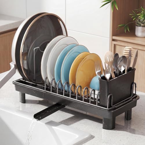 Small Dish Drying Rack with Drainboard, Compact for Kitchen Counter, Black