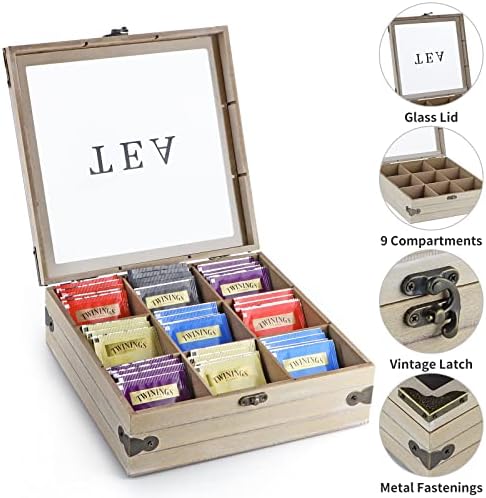 Wood Tea Box Organizer, Tea Storage Chest with Glass Lid, 9 Compartments, Tea Bag Holder for Cabinet, Pantry