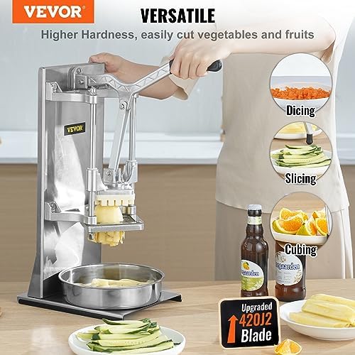 Commercial French Fry Cutter with 4 Replacement Blades, 1/4 and 3/8 Blade Easy Dicer Chopper, 6-wedge Slicer and 6-wedge Apple Corer, Lemon Potato Cutter for French Fries with Extended Handle