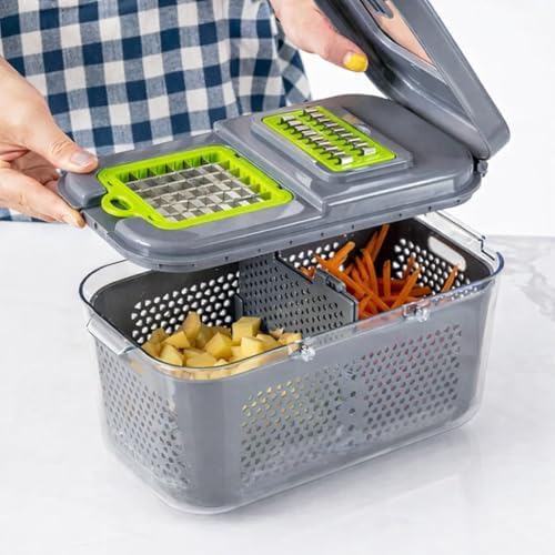 22-in-1 Multifunctional Vegetable Slicer Chopper with Container, Manual Food Dicer Set, Green and Gray, Includes Peeler and Grater Blades - Image 2