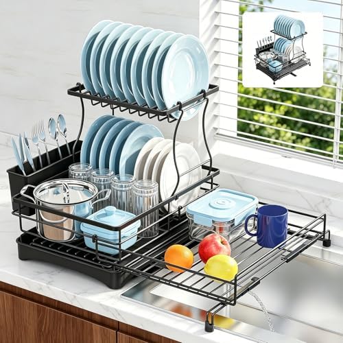 2 Tier Dish Drying Rack, Large Extendable Dish Racks for Kitchen Counter, Dishrack with Drainboard, 2-in-1 Anti-Rust Stainless Steel Dish Drainer with Utensil Holder (Black, double of Dish Rack)