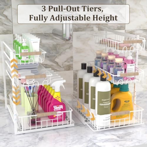 3 Tier Under Sink Organizer, Adjustable Pull Out Metal Storage Drawer
