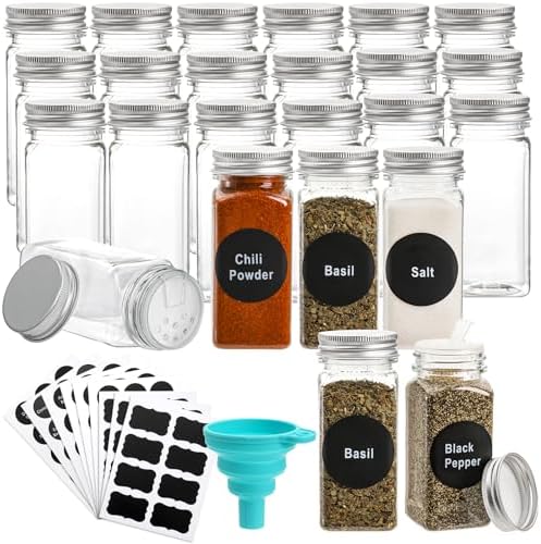 24 Pack Plastic Spice Jars, 4 oz Spice Bottle Square Seasoning Containers, Reusable Salt Pepper Shaker with Airtight Lid Labels and Funnel for Spice, Herbs, Powder and Glitters