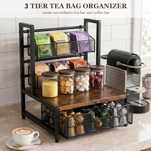 3 Tier Coffee Station Organizer with Drawer and Hanging Baskets, Wood & Metal Large Capcity Coffee Bar Organizer for K Cups, Coffee Pods, Tea Bags, Sugar Packets, Countertop Storage Rack