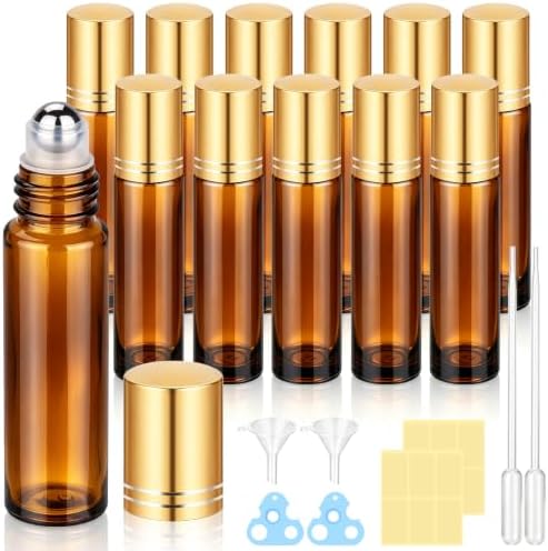 12 Pack 10ml Amber Roller Bottles, Gold Caps for Essential Oils by GOKOYAN