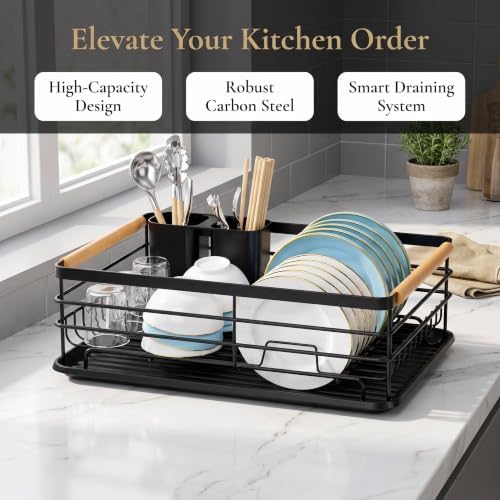 Dish Racks for Kitchen Counter, Thickened Metal Dish Drying Rack with Wooden Handles, Kitchen Countertop Organizer for Dishes, Spoons and Forks, No Assembly, Black, 16.7''*12.6''*5.12''