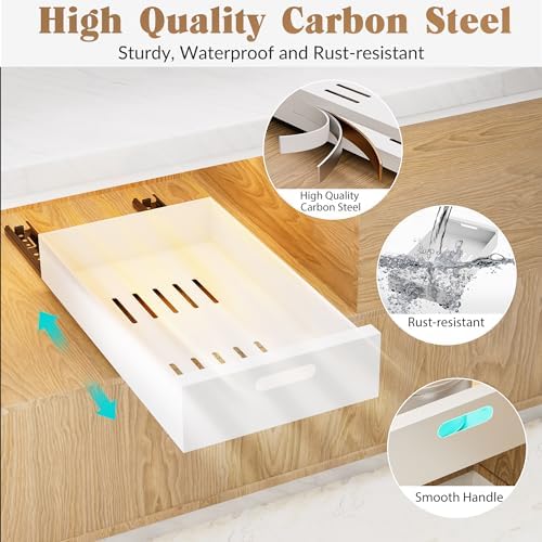1 Pack | 21" Deep Pull Out Cabinet Organizer Adhesive, 10-Inch Wide Sturdy Carbon Steel Roll-Out Drawers, Designed for Frameless Cabinets, Slide-Out Shelves for Pantry.