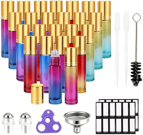 PrettyCare Set of 24, 10 ml Essential Oil Roller Bottles with Stainless Steel Roller Ball - Refillable Leak-proof Empty Thick Rainbow Glass Roll on Bottles with Metal Caps for Travel, Perfume by PrettyCare