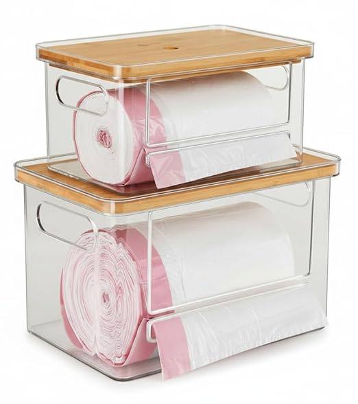2 Pack Stackable Trash Bag Dispenser with Wooden Top for Extra Large & Medium Size Rolls, Garbage Bag Holder for 13-33 Gallon Bags, Trash Bag Dispenser Under Sink with Anti-Slip Base for Rolls Storage