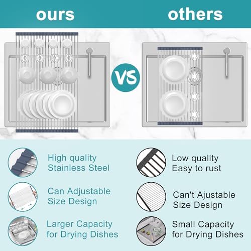 Extra Large Expandable Roll Up Dish Drying Rack,Over The Sink Drying Rack Sink Cover Kitchen Sink Accessories Kitchen Rolling up Stainless Steel Drainer, Foldable,Rollable（Gray，22.8''-12.4''）