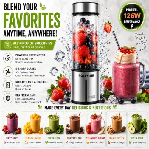 Portable Smoothie blender ROSEVIEW Glass bottle USB rechargeable mini Handheld Ice Shakes Cup 2 blend juicer Cordless Personal smoothies maker Fruit mixer - Image 2