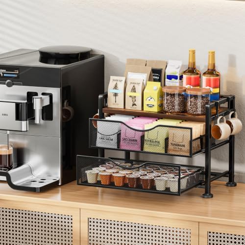 3 Tiers Tea Bag Organizer for Countertop - Wood Teabag Holder with Drawers